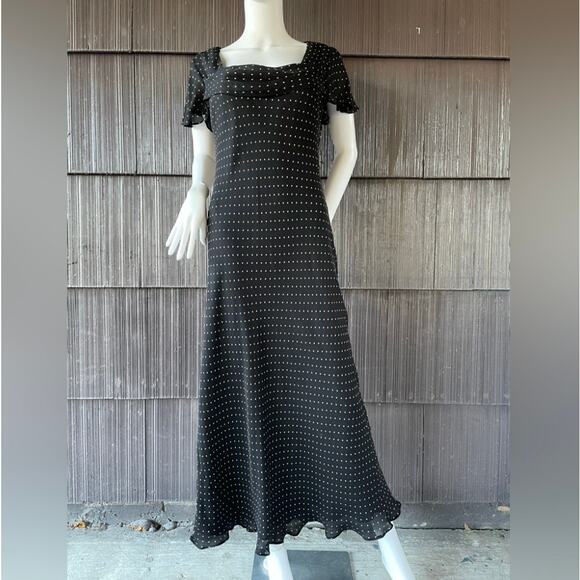 🔥Donna Ricco 10% Silk Black & Brown Polkadots Bias Cut Flutter Sleeve Dress - Picture 3 of 16